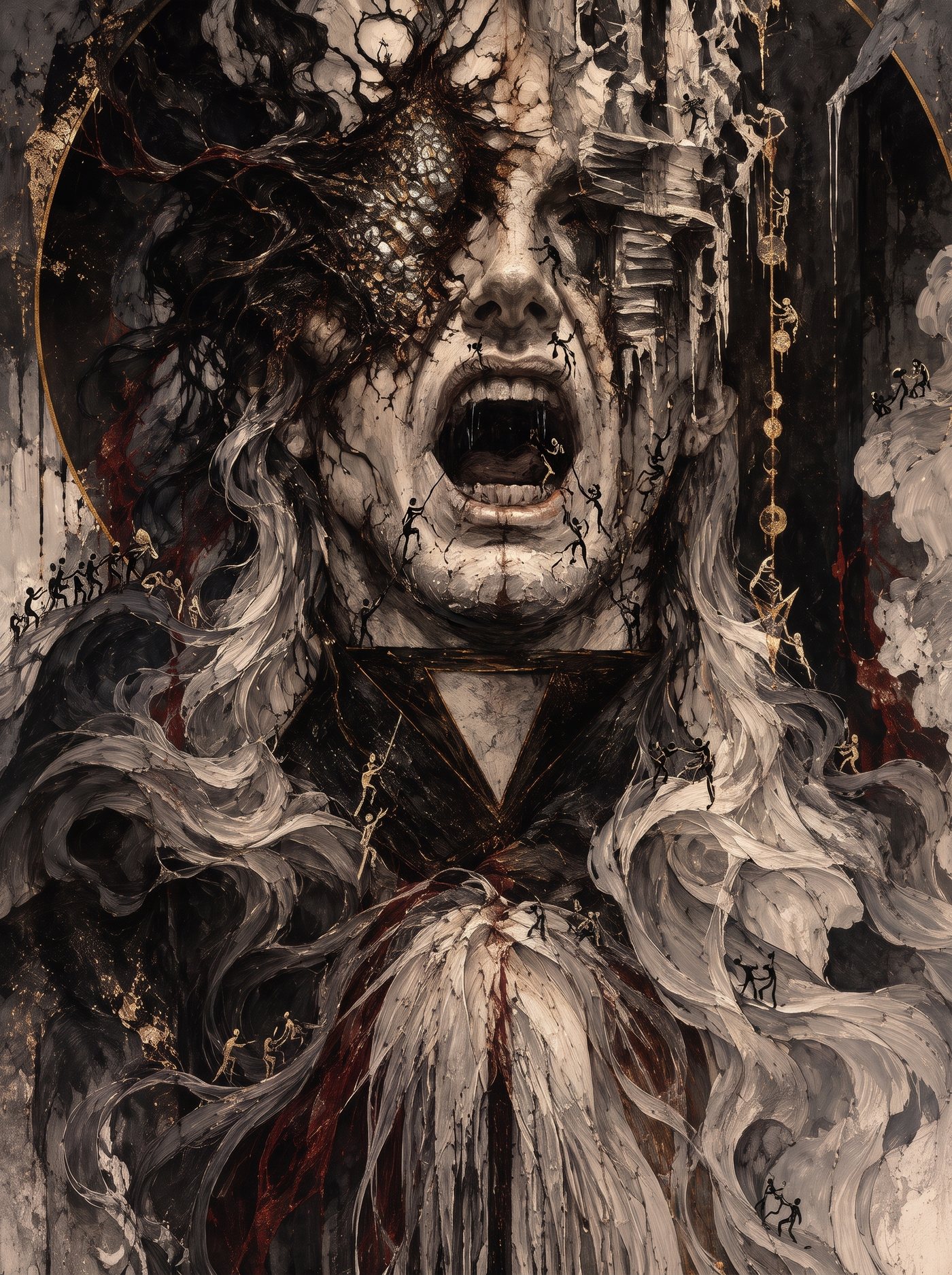 A fractured screaming portrait with tiny figures crawling through its face, in black, bone white and gold