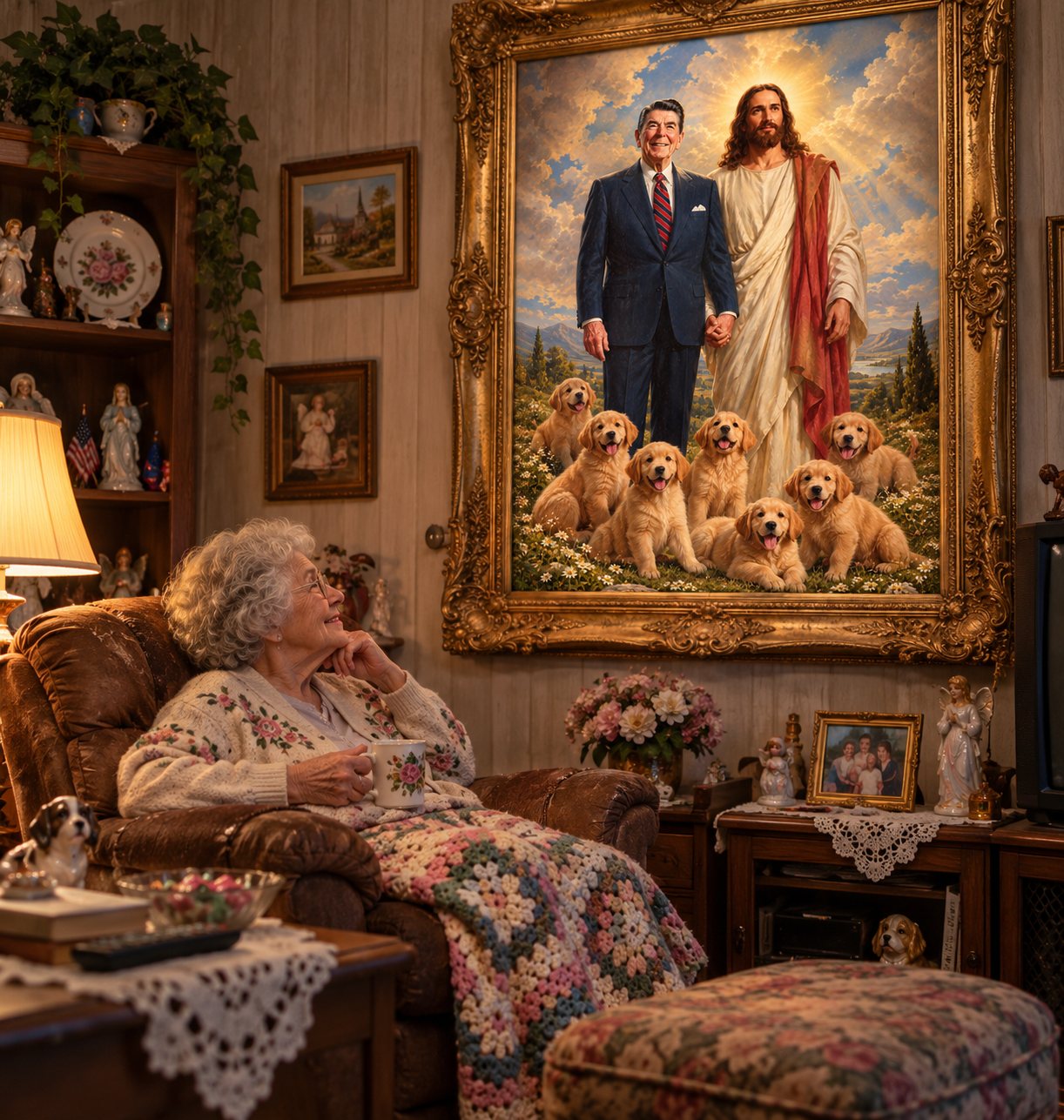 A grandmother at home, admiring the Reagan and Jesus portrait in an ornate gold frame