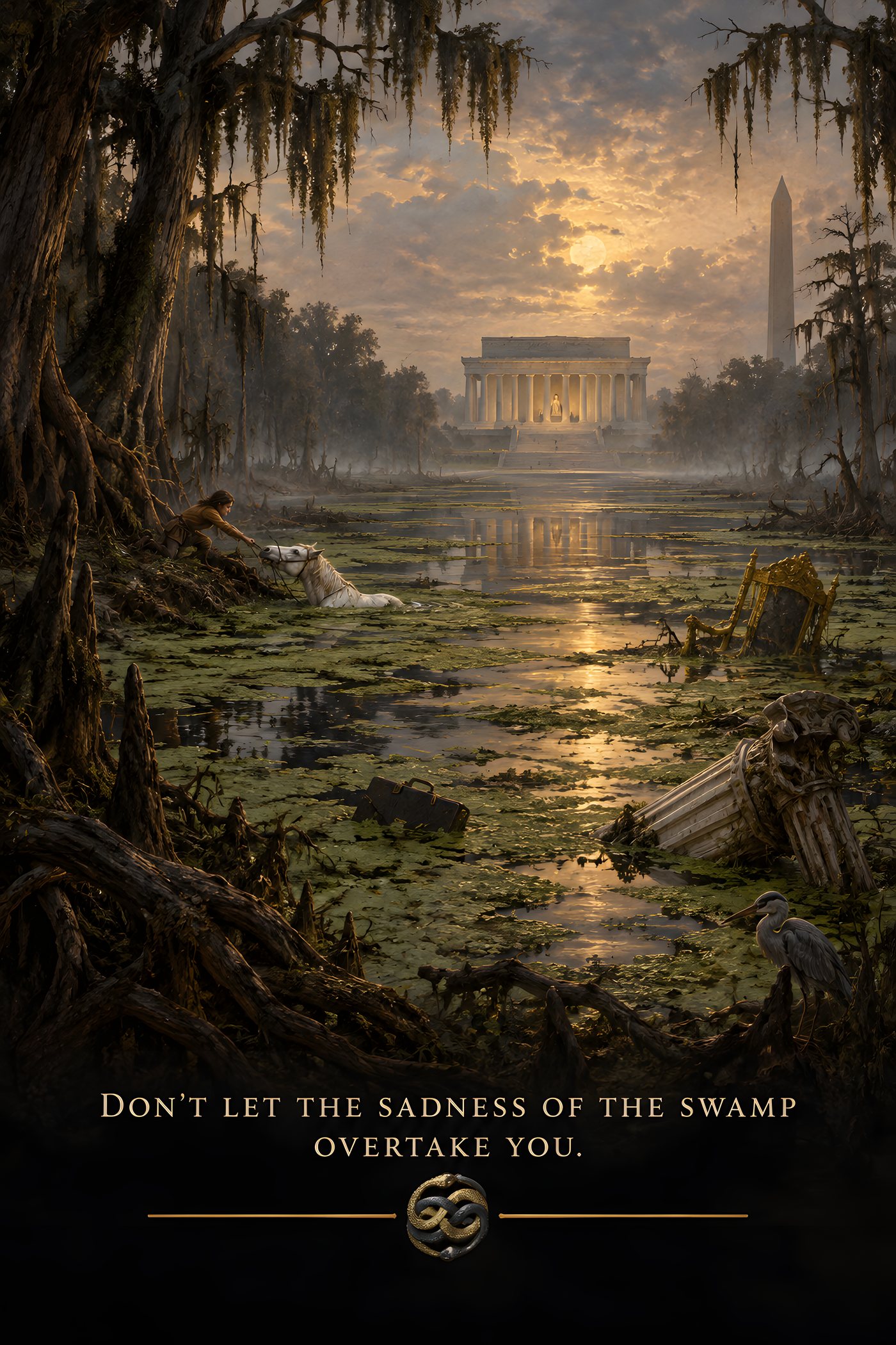 The swamp poster with its full caption and intertwined snake medallion
